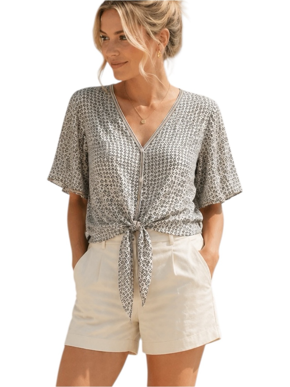 Max Studio Flutter Sleeve Tie Waist Blouse  Short Sleeve Print Blouse Size XS